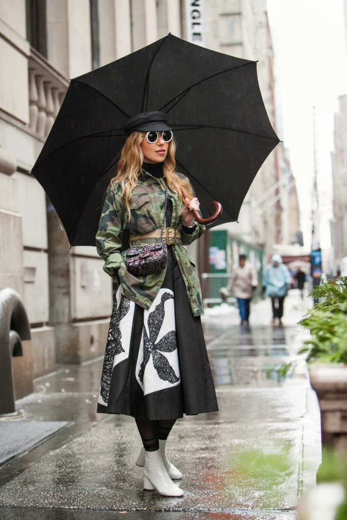 Rainy day fashion,topshop camo jacket,how to wear camo,nyfw 2017,NYFW street style,the row 8 sunglasses,NYC taxi,nyfw17,how to mix camouflage and floral print,prada flower print dress,NYFW17 street style,camo and sequins,chanel sequin bag,dior boots,topshop camouflage,topshop jacket,NYC view from the window,dior white boots,chanel camo sequin bag,marni belt,dior patent leather boots