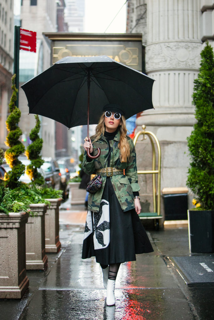 Rainy day fashion,topshop camo jacket,how to wear camo,nyfw 2017,NYFW street style,the row 8 sunglasses,NYC taxi,nyfw17,how to mix camouflage and floral print,prada flower print dress,NYFW17 street style,camo and sequins,chanel sequin bag,dior boots,topshop camouflage,topshop jacket,NYC view from the window,dior white boots,chanel camo sequin bag,marni belt,dior patent leather boots