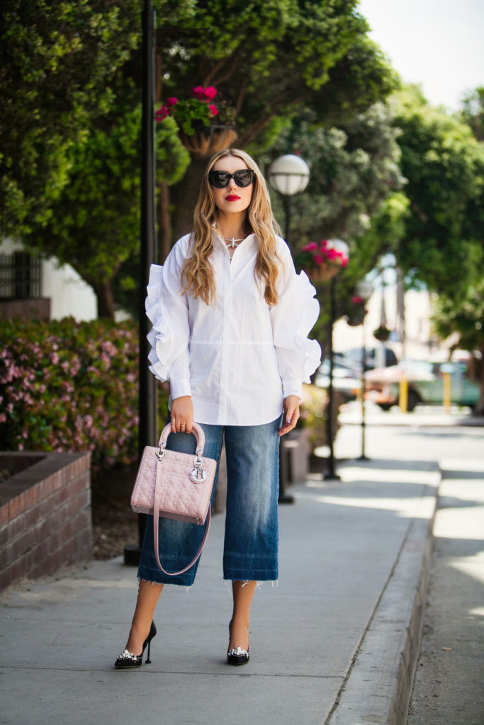 ASOS Shirt With Open Ruffle Sleeve,Miu Miu Embellished satin pumps,Celine cat eye sunglasses,Los Angeles style blog influencer,Denim with white button-down shirt,Santa Monica style photo shoot,Miu Miu Pearl Embellished satin pumps,Levi's Womens The Culotte,How to style denim culottes,Dior Pink Lady Dior Bag,Chanel Chocker,Chanel Necklace,ASOS Cotton Shirt With Open Ruffle Sleeve,Miu Miu pearl pumps with Lady dior bag,Lady Dior Bag