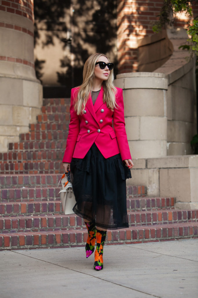 How to wear red jacket,Simone Rocha tulle dress,Balmain blazer in red,Balmain red blazer,How to wear red blazer,How to wear Balmain jacket,Balmain blazer,Simone rocha dress,Balenciaga floral knife boots,Balmain red jacket,Simone Rocha flared dress,Balenciaga knife boots,how to wear floral boots,balenciaga spandex floral knife boots,Balenciaga floral spandex boots,Balmain jacket,how to wear Balmain blazer, cherry pop