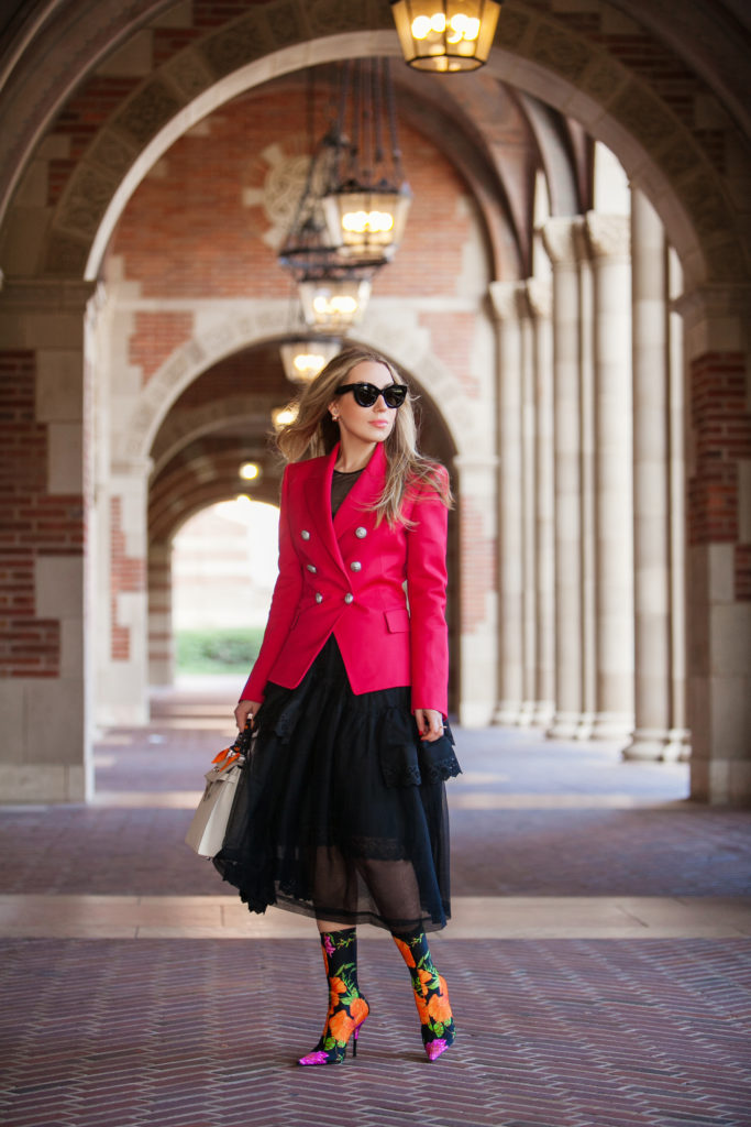 How to wear red jacket,Simone Rocha tulle dress,Balmain blazer in red,Balmain red blazer,How to wear red blazer,How to wear Balmain jacket,Balmain blazer,Simone rocha dress,Balenciaga floral knife boots,Balmain red jacket,Simone Rocha flared dress,Balenciaga knife boots,how to wear floral boots,balenciaga spandex floral knife boots,Balenciaga floral spandex boots,Balmain jacket,how to wear Balmain blazer, cherry pop