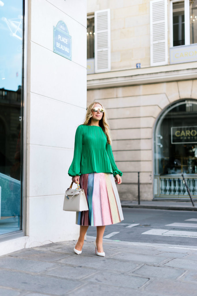 Hermes Kelly fashion photoshoot in Paris,Maje LOCKIN Top with pleating,Gucci pleated multicolor lurex skirt,Christian Dior Revolution Aviator Sunglasses,Maje LOCKIN To,Christian Dior Revolution 58mm Aviator Sunglasses,Gucci Pleated lamé skirt,Gucci Pleated lamé midi skirt,Parisian doors, green,pantone 2017,christian louboutin ab pigalle follies pumps