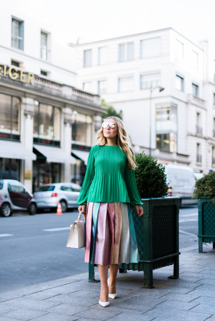 Hermes Kelly fashion photoshoot in Paris,Maje LOCKIN Top with pleating,Gucci pleated multicolor lurex skirt,Christian Dior Revolution Aviator Sunglasses,Maje LOCKIN To,Christian Dior Revolution 58mm Aviator Sunglasses,Gucci Pleated lamé skirt,Gucci Pleated lamé midi skirt,Parisian doors, green,pantone 2017,christian louboutin ab pigalle follies pumps