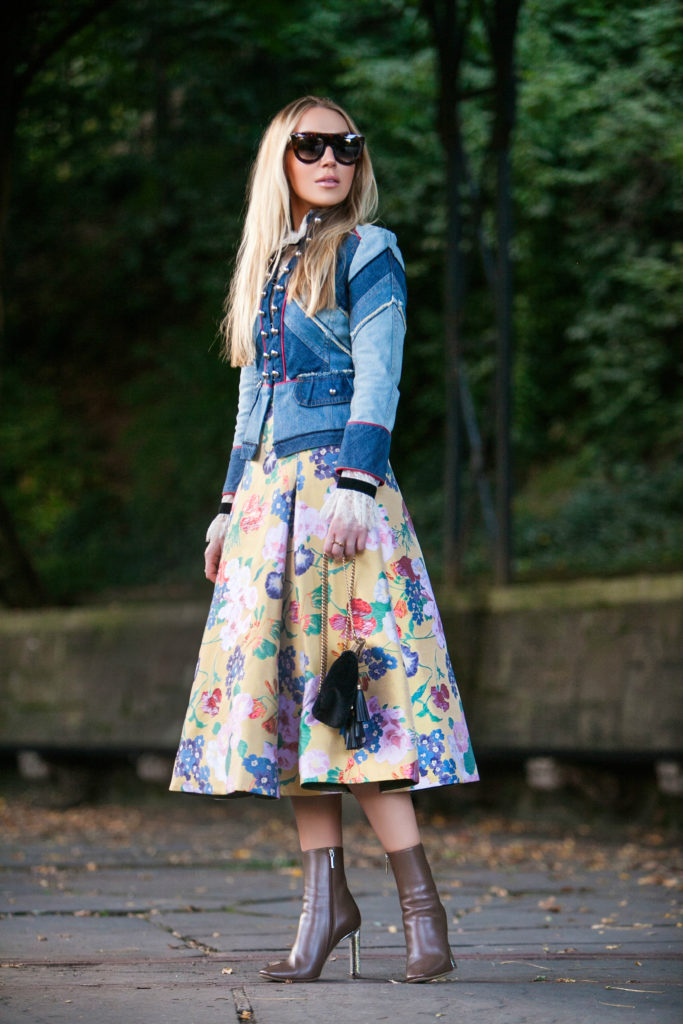 yellow floral Valentino skirt,floral print with denim,Valentino floral skirt,How to style yellow print for fall,Marc by Marc Jacobs Victoria Denim Jacket,How to wear floral in fall,Denim jacket with midi skirt,Dior boots,Marc by Marc Jacobs Victorian Denim Jacket,Valentino floral jacquard midi skirt,Marc by Marc Jacobs Chevron Victoria Denim Jacket,cadet style denim jacket,Dior silver heel boots,floral midi skirt,Midi jacquard skirt,Miu Miu velvet tassel bag,Miu Miu velvet bag,How to Dress Up Denim