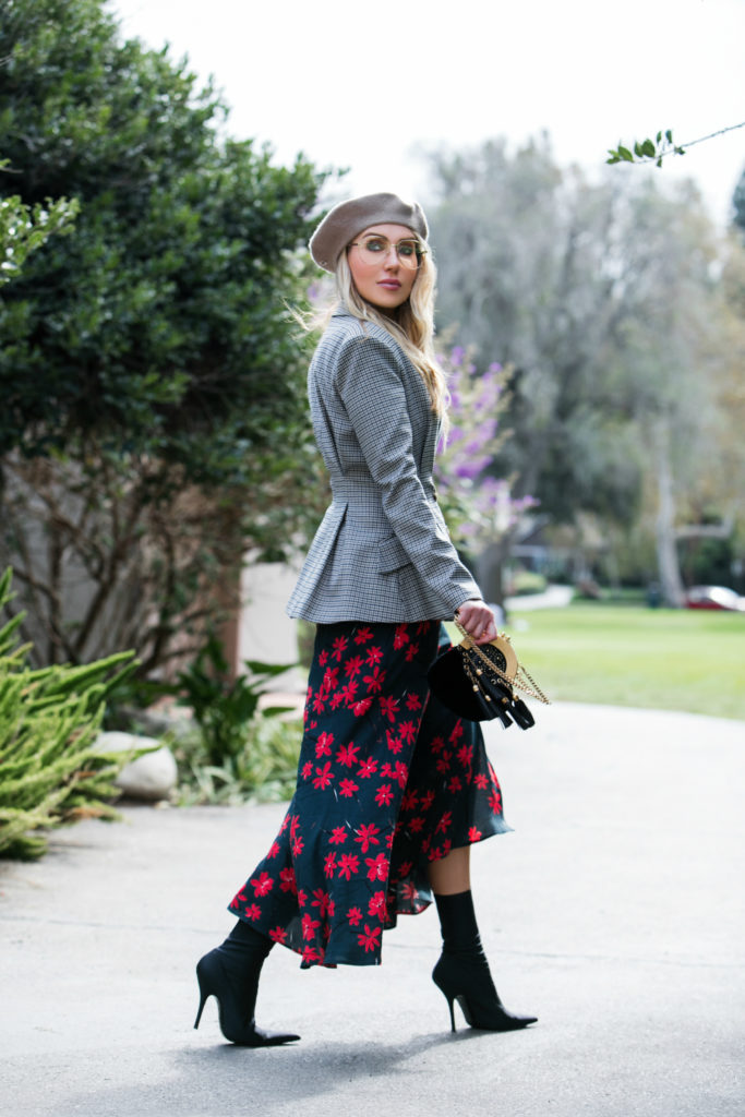 miu miu tassel bag,winter florals,hm blazer,hm dark floral dress,hm plaid blazer,how to wear beige beret,Balenciaga knife boots,how to style a beret with plaid,Hm peplum jacket,balenciaga sock boots,Beret look,gucci aviator glasses,ways to wear reading glasses,celine brass earrings,gucci aviator glasses,how to wear blazer with the dress,H&M floral dress,Dark Winter Florals Meet Plaid