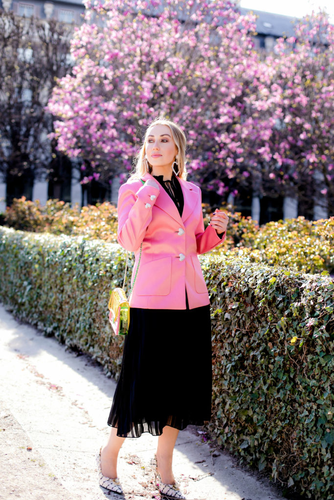 Parisian Pink,Chanel Coco Splash pvc Bag,& Other Stories pink Heart Button Blazer,And Other Stories Heart Button Blazer,ALESSANDRA RICH heart earrings,chanel yellow and pink pvc bag,ALESSANDRA RICH crystal pearl embellished heart earrings,balenciaga tweed shoes,BALENCIAGA Knife embellished frayed tweed,Chanel Coco Splash Bag,chanel plastic bag,ALESSANDRA RICH pearl embellished heart earrings