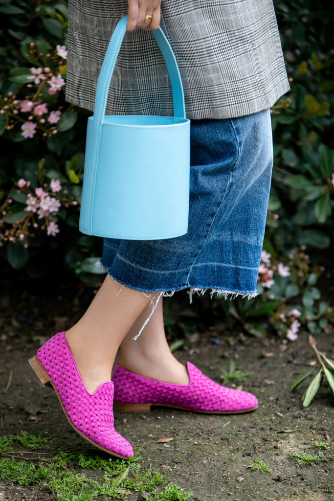 fratelli rossetti pink slippers,how to style mini bucket bags,how to wear denim culottes,how to wear pink loafers,fratelli rossetti suede slippers,staud bucket bag,staud BISSETT BAG,staud blue BISSETT BAG,gucci sunglasses,h&M blazer,gucci clear aviator glasses,staud BISSETT BAG PANAM BLUE,staud BISSETT BAG PAN AM BLUE